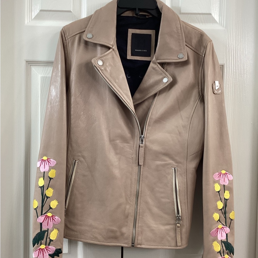 Embroidered Floral Leather Jacket in Tan - Picture 2 of 9